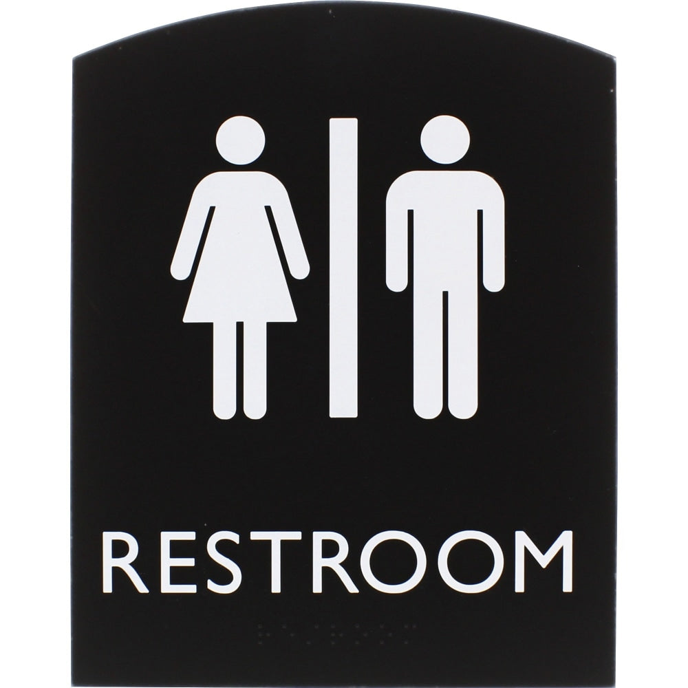 Lorell Arched Unisex Restroom Sign - 1 Each - 6.8in Width x 8.5in Height - Rectangular Shape - Surface-mountable - Easy Readability, Braille - Plastic - Black