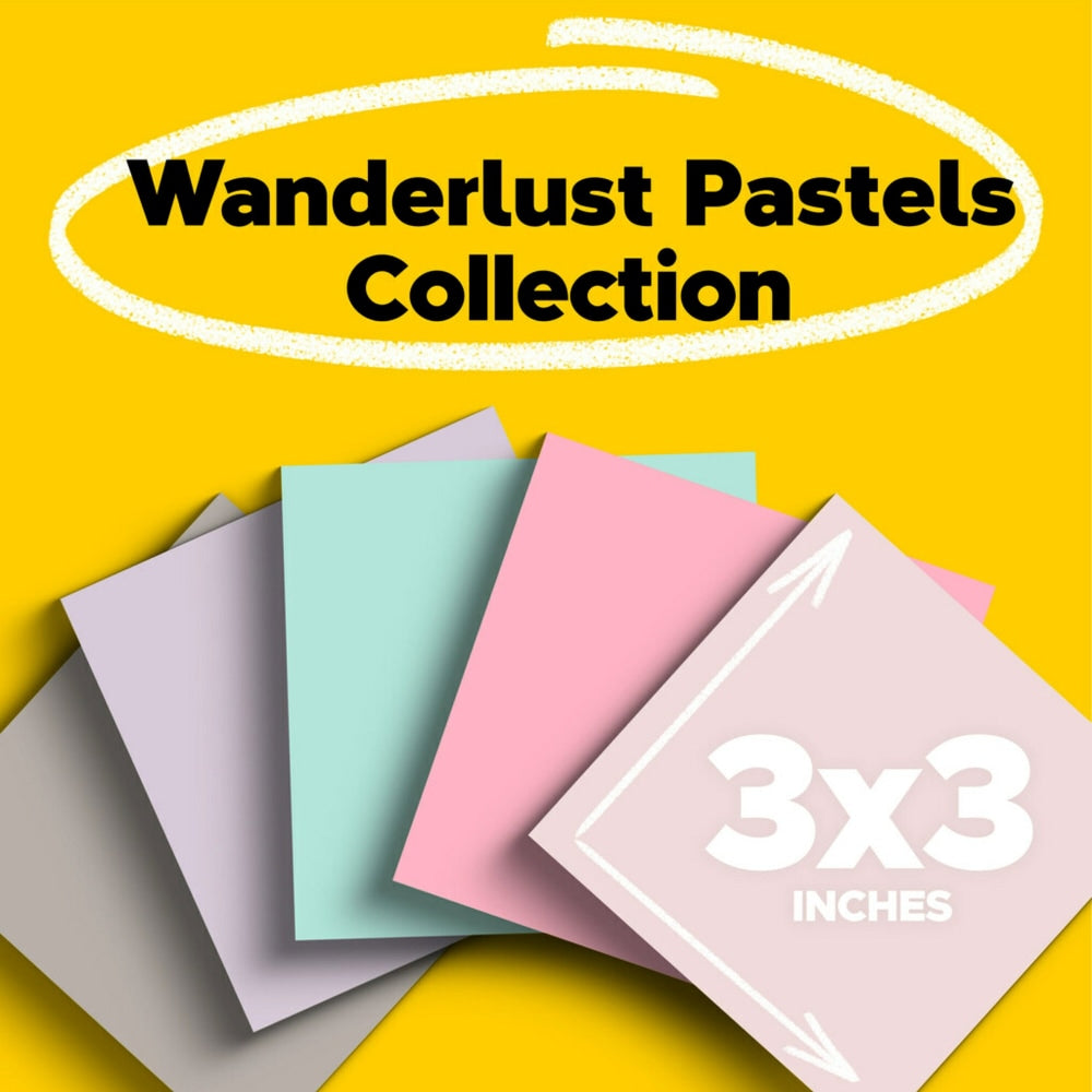 Post-it Recycled Super Sticky Notes, 3 in x 3 in, 5 Pads, 90 Sheets/Pad, 2x the Sticking Power, Wanderlust Pastels Collection, 30% Recycled