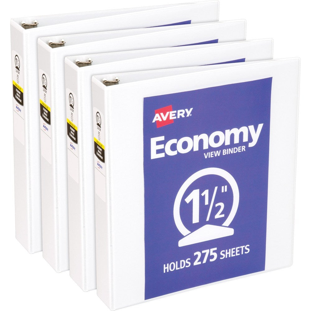 Avery Economy View Binder, 1 1/2in Ring, 8 1/2in x 11in, White, Pack Of 4