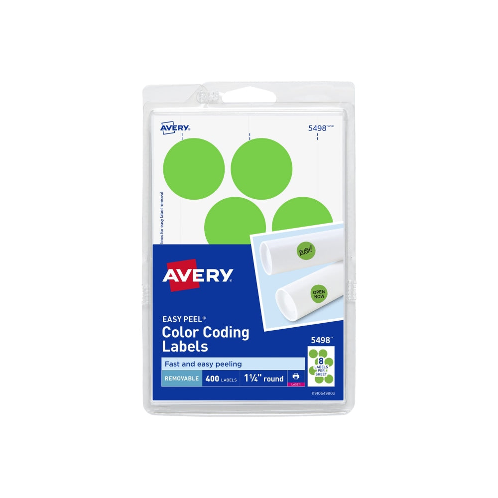 Avery Removable Print Or Write Color Coding Labels For Laser Printers, 5498, Round, 1-1/4in Diameter, Neon Green, Pack Of 400