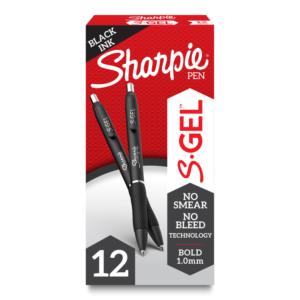 Sharpie S Gel Pens, Bold Point, 1.0 mm, Black Barrel, Black Ink, Pack Of 12 Pens