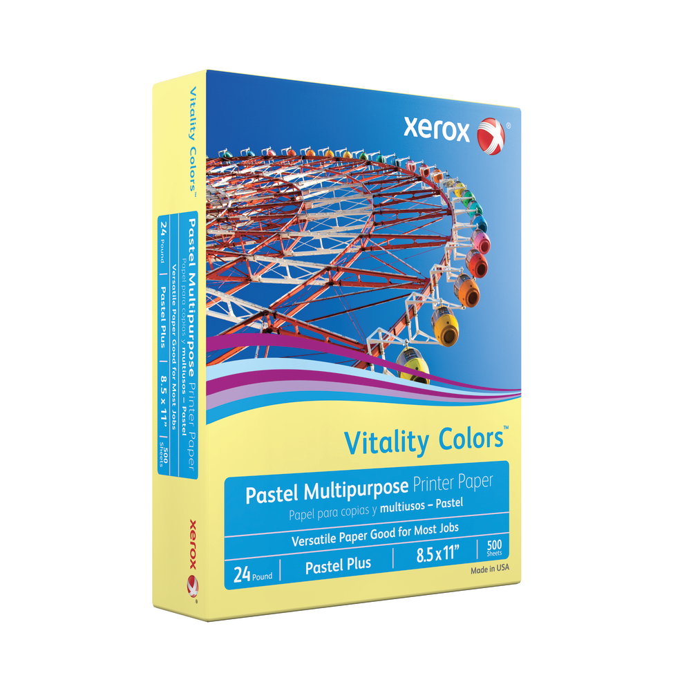 Xerox Vitality Colors Pastel Plus Color Multi-Use Printer & Copy Paper, Yellow, Letter (8.5in x 11in), 500 Sheets Per Ream, 24 Lb, 30% Recycled