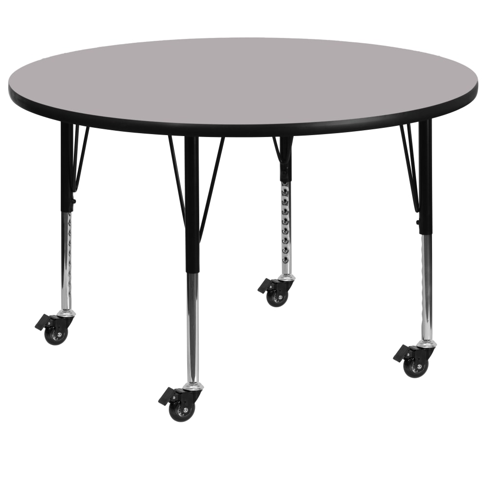 Flash Furniture Mobile Round Thermal Laminate Activity Table With Height-Adjustable Short Legs, 25-3/8inH x 48inW x 48inD, Gray