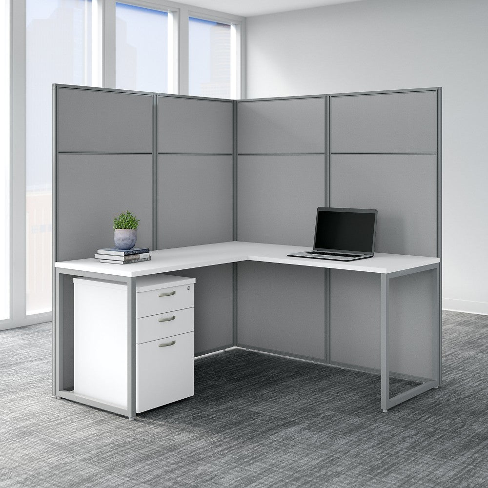 Bush Business Furniture Easy Office 60inW L-Shaped Cubicle Desk With File Cabinet And 66in Panels, Pure White/Silver Gray, Standard Delivery