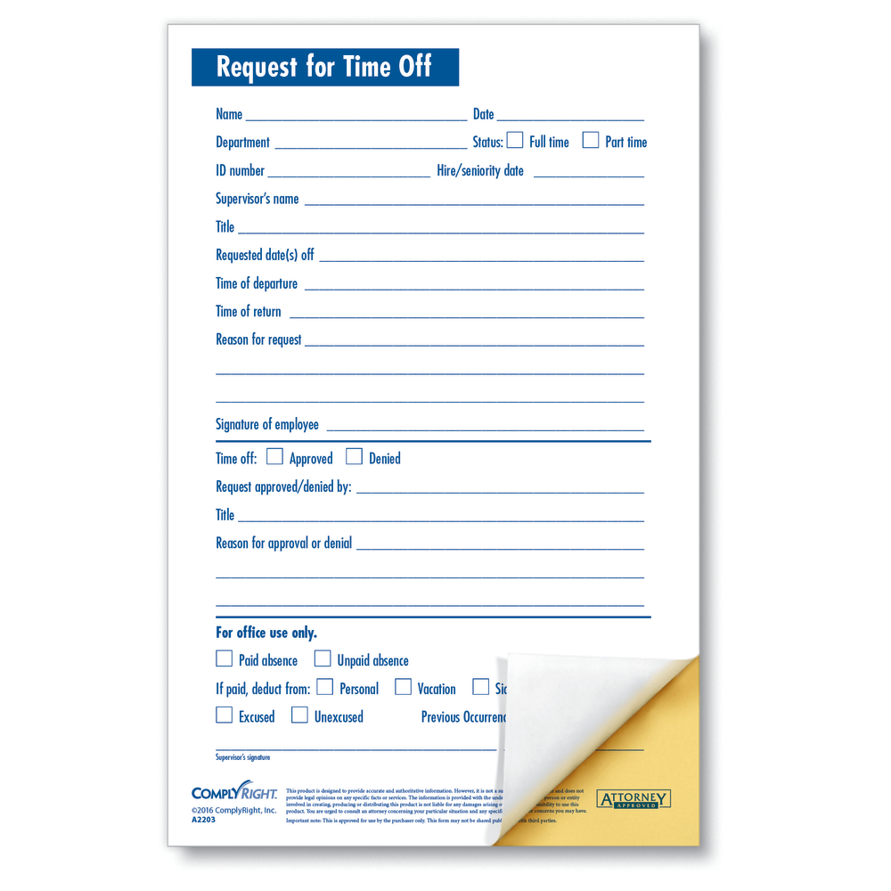 ComplyRight Request For Time Off Forms, 2-Part, 5 1/2in x 8 1/2in, White, Pack Of 50