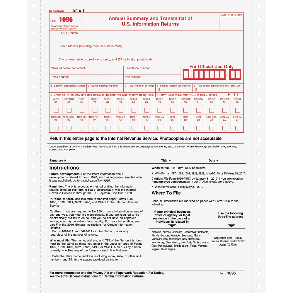 TOPS 1096 Tax Form Carbonless Copy, 8 1/2in x 11in, 2-Part, White, Pack Of 10