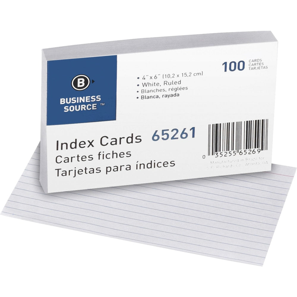 Business Source Ruled Index Cards - Front Ruling Surface - Ruled - 72 lb Basis Weight - 6in x 4in - White Paper - 1000 / Box