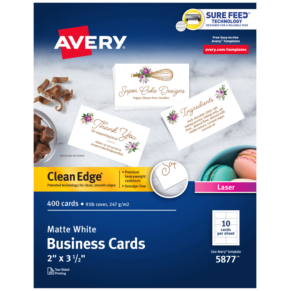 Avery Clean Edge Printable Business Cards With Sure Feed Technology for Laser Printers, 2in x 3.5in, White, 400 Blank Cards