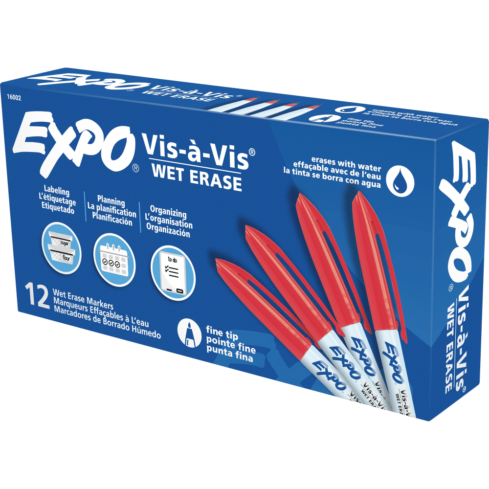 EXPO Vis-A-Vis Wet-Erase Fine-Tip Markers, Red, Box Of 12