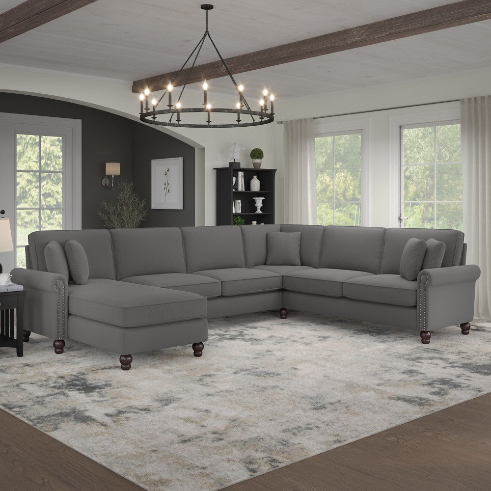 Bush Furniture Coventry 128inW U-Shaped Sectional Couch With Reversible Chaise Lounge, French Gray Herringbone, Standard Delivery