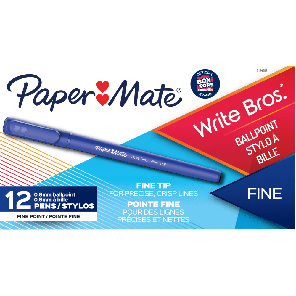 Paper Mate Write Bros Ballpoint Stick Pens, 0.8 mm, Fine Point, Blue Barrel, Blue Ink, Pack Of 12 Pens