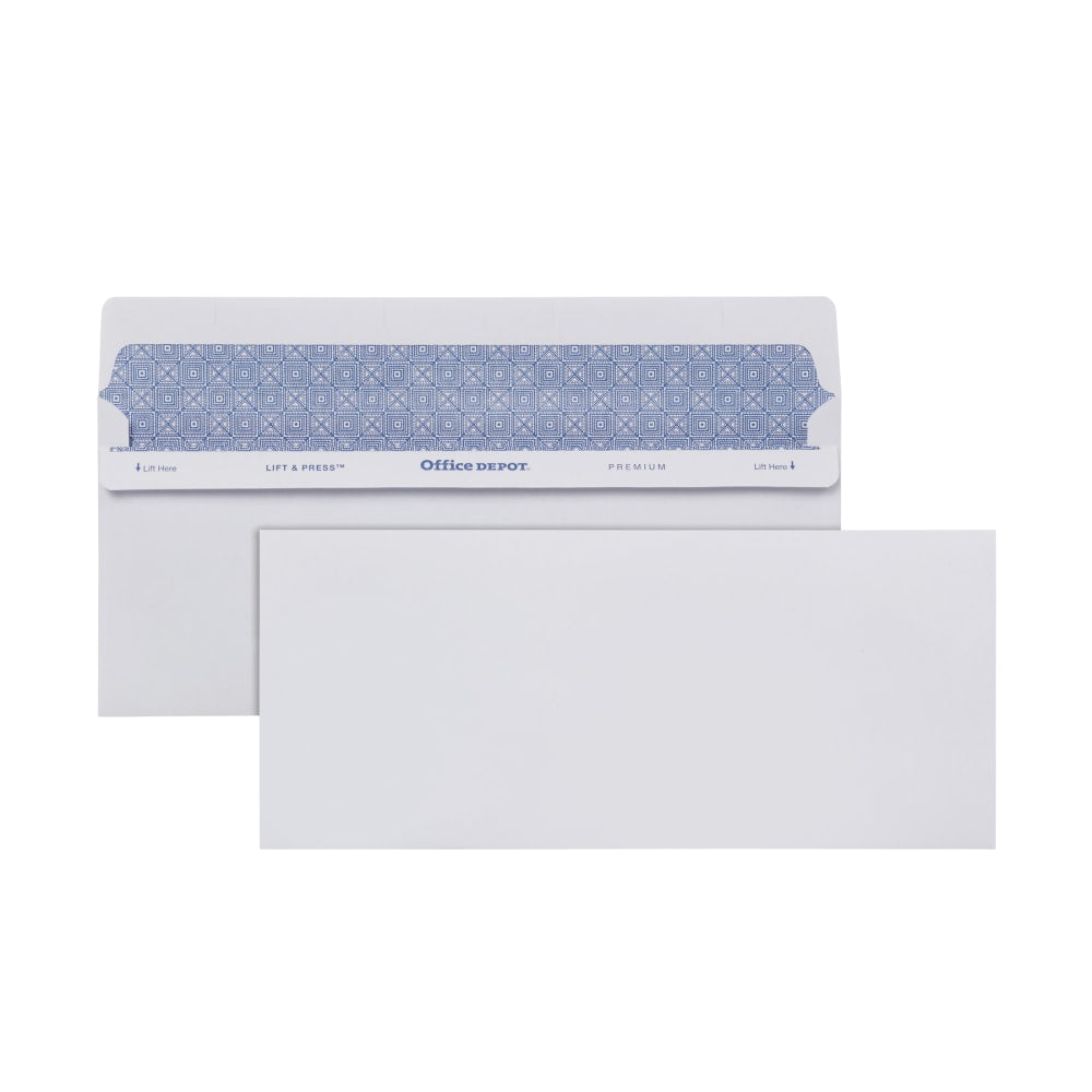 Office Depot Brand #10 Lift & Press Premium Security Envelopes, Self Seal, 100% Recycled, White, Box Of 100