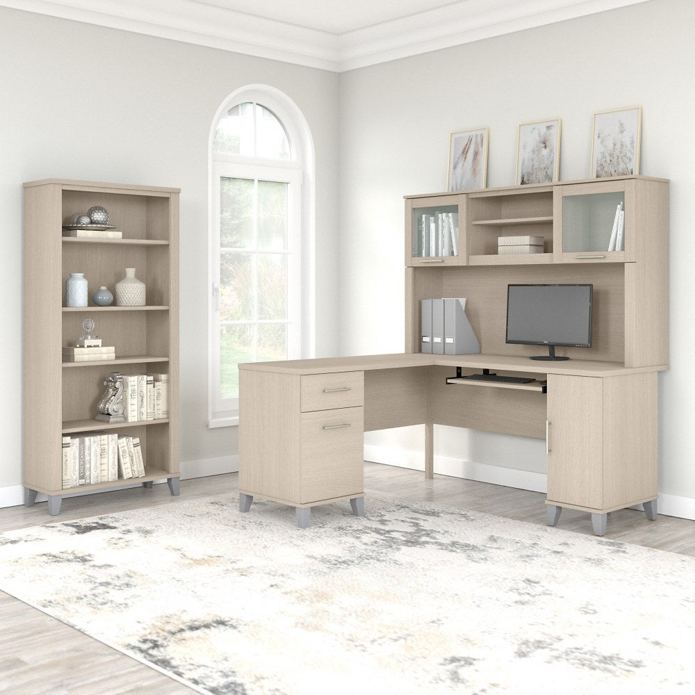 Bush Furniture Somerset 60inW L-Shaped Desk With Hutch And 5-Shelf Bookcase, Sand Oak, Standard Delivery