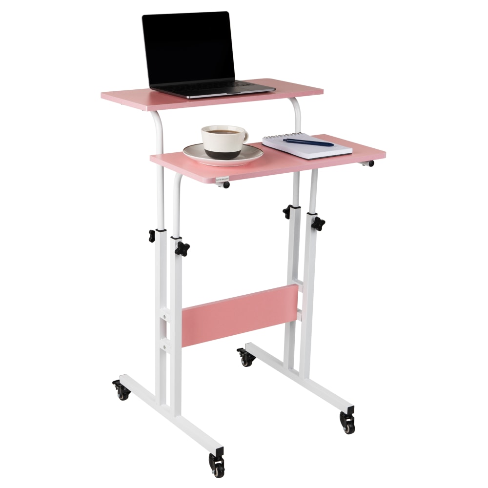 Mind Reader 22inW Portable Rolling Standing Desk With Adjustable Height, Pink