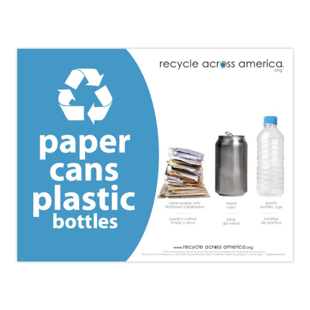 Recycle Across America Paper, Cans And Plastic Standardized Recycling Label, PCP-8511, 8 1/2in x 11in, Light Blue