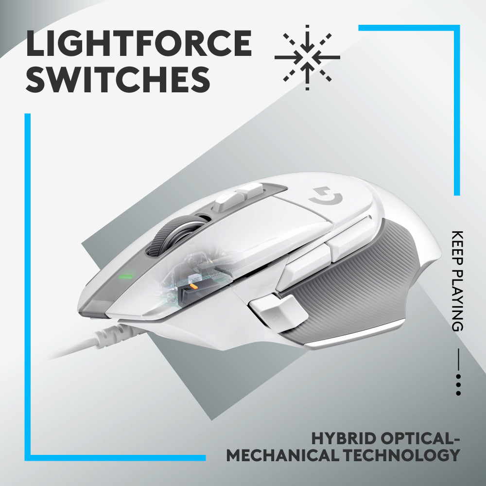 Logitech G502 X Wired Gaming Mouse - LIGHTFORCE hybrid optical-mechanical primary switches, HERO 25K gaming sensor, compatible with PC - macOS/Windows - White - Mouse - optical - wired - USB - white