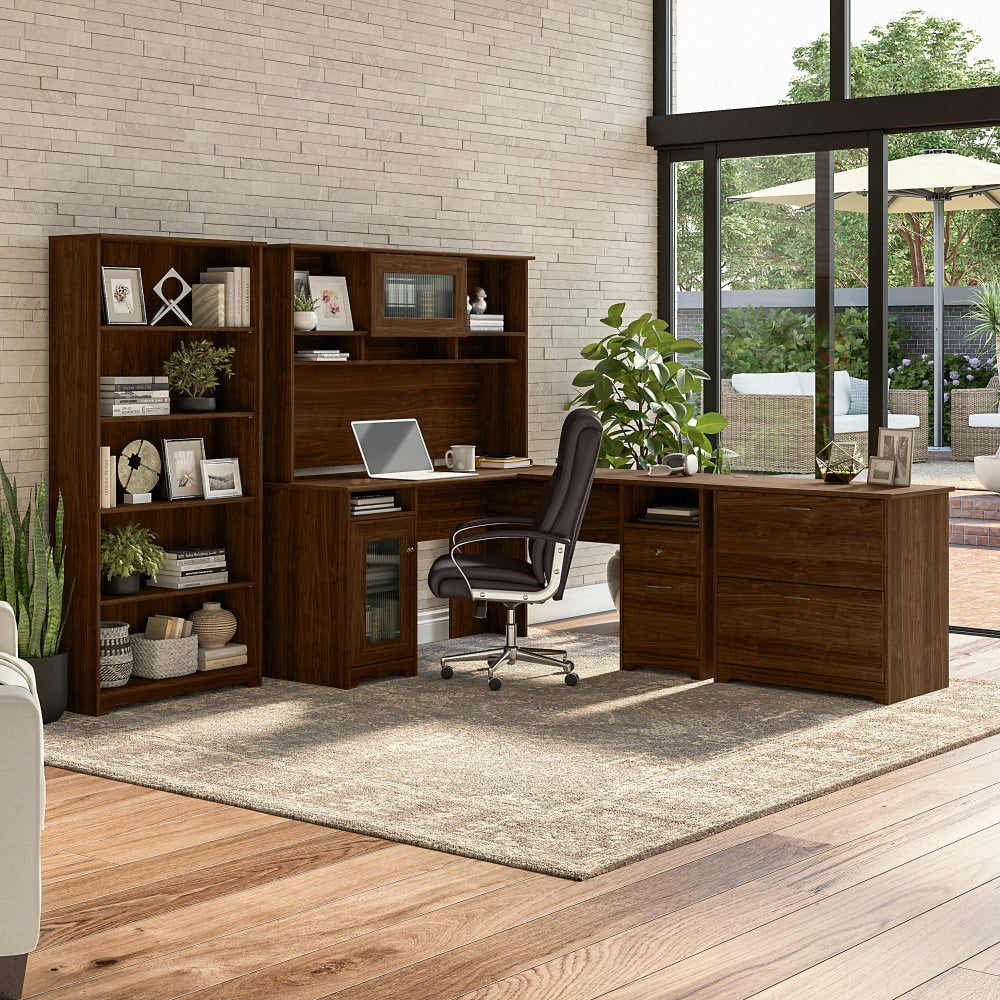 Bush Business Furniture Cabot 60inW L-Shaped Corner Desk With Hutch, Lateral File Cabinet And 5-Shelf Bookcase, Modern Walnut, Standard Delivery