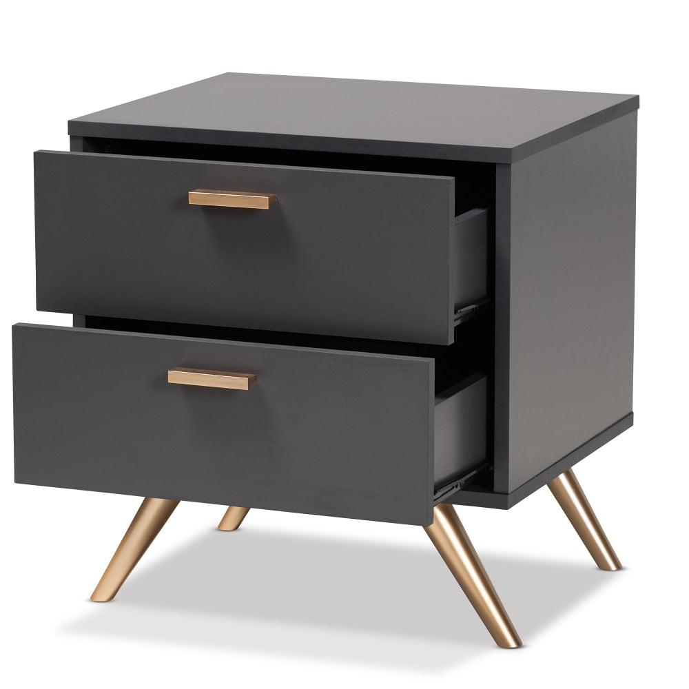 Baxton Studio Kelson 2-Drawer Nightstand, 20-1/8inH x 18-15/16inW x 15-3/4inD, Dark Gray/Gold