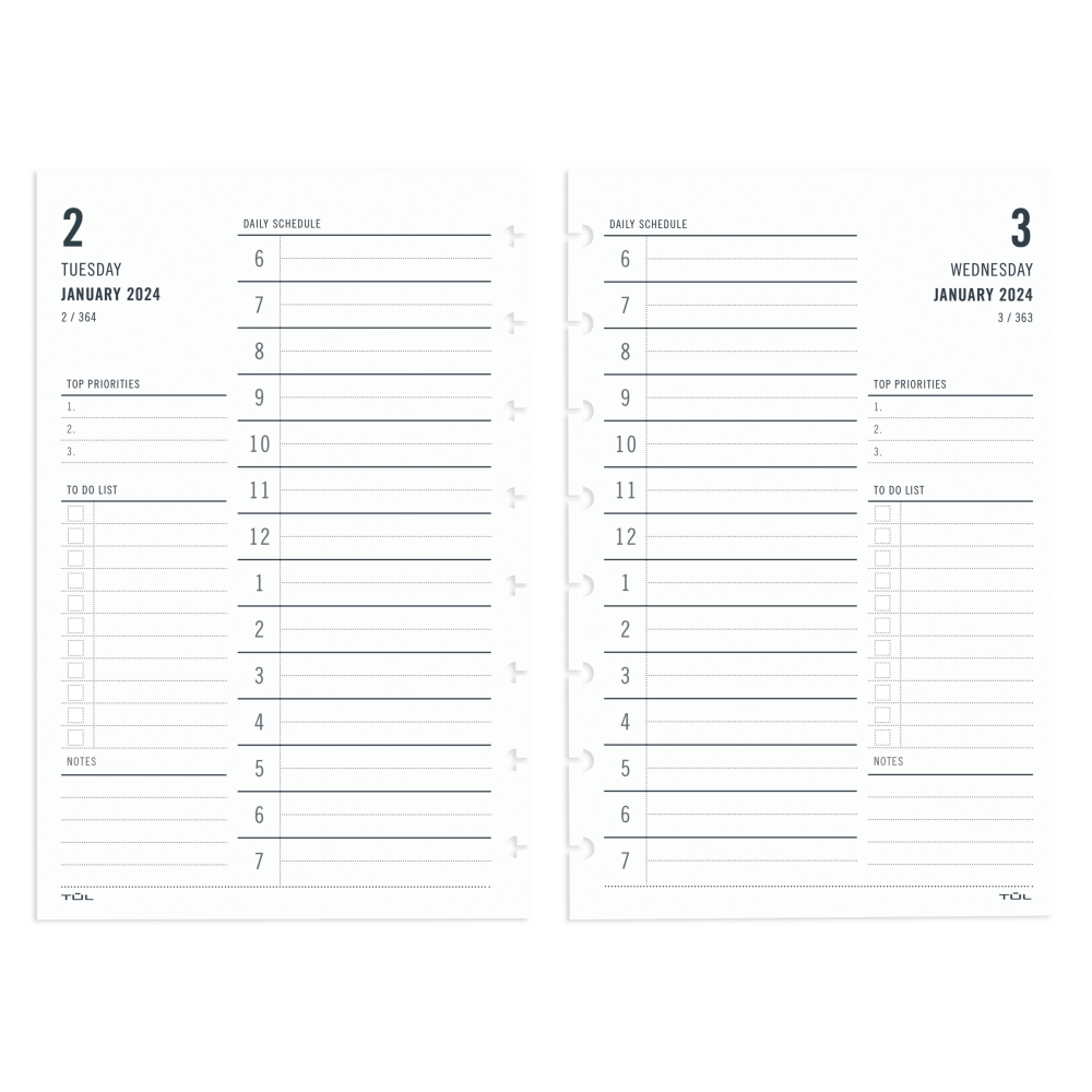 2024 TUL Discbound Daily Planner Refill Pages, Hourly Appointment Times, Junior Size, January To December