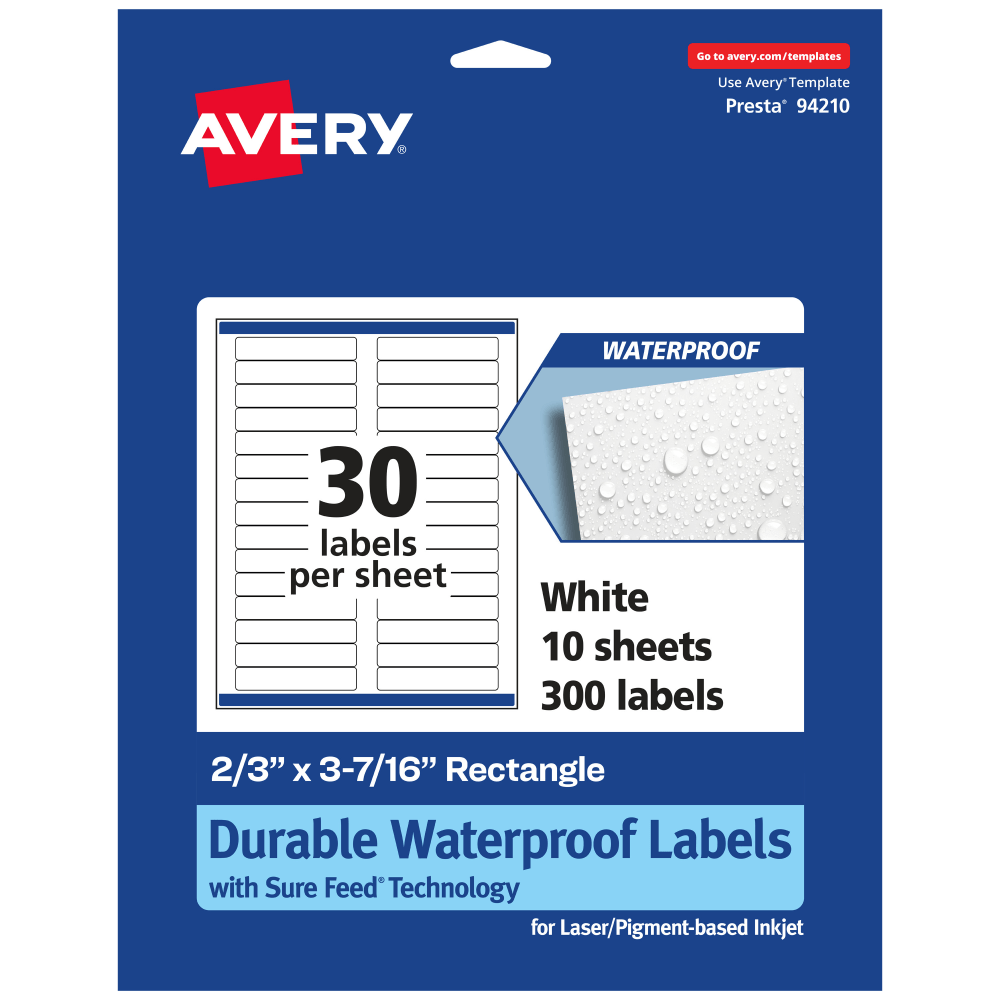 Avery Waterproof Permanent Labels With Sure Feed, 94210-WMF10, Rectangle, 2/3in x 3-7/16in, White, Pack Of 300