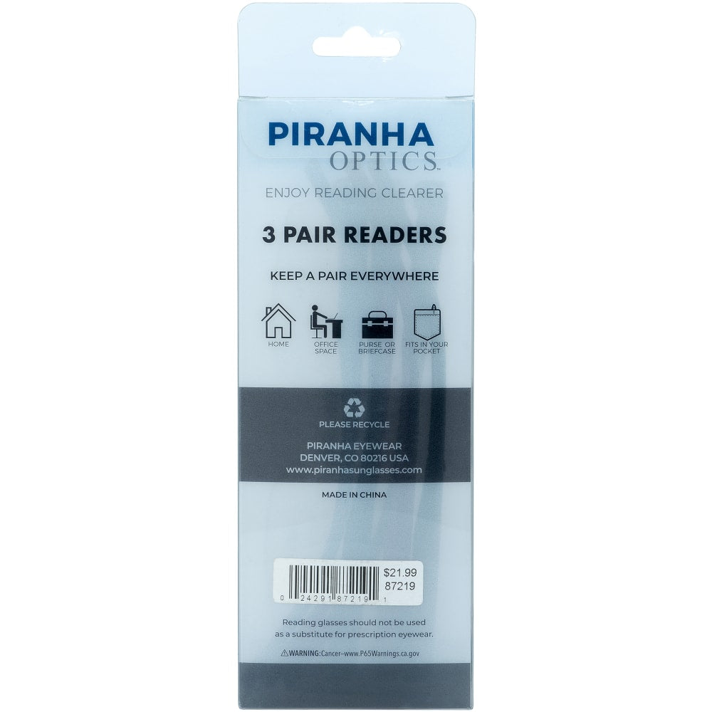 Piranha Unisex Tri-Pack Readers, Black/Red/Blue, +1.25, 3 Readers Per Pack, Case Of 60 Packs