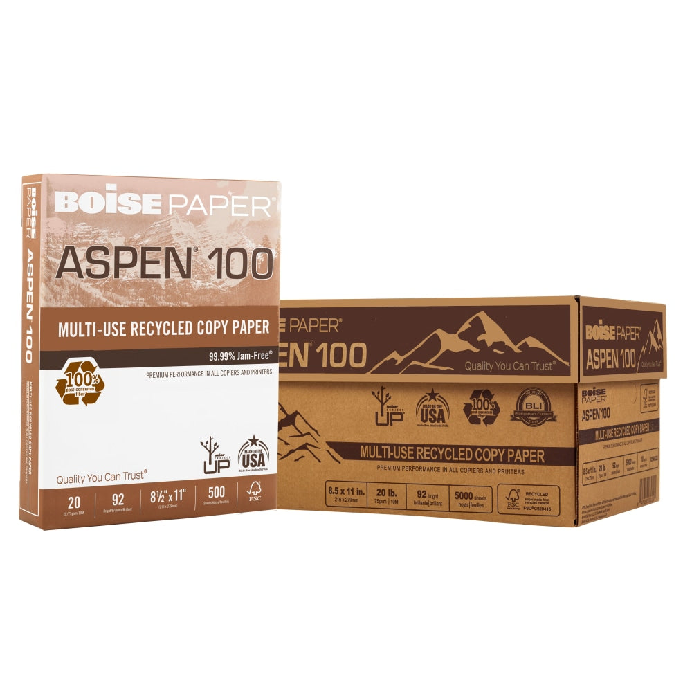 Boise ASPEN 100 Multi-Use Printer & Copy Paper, White, Letter (8.5in x 11in), 5000 Sheets Per Case, 20 Lb, 92 Brightness, 100% Recycled, FSC Certified, Case Of 10 Reams