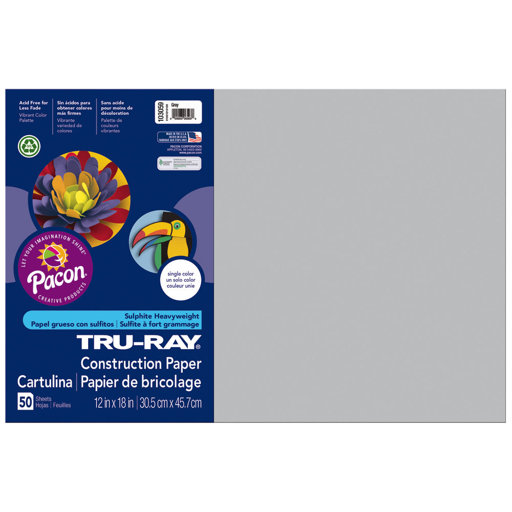 Tru-Ray Construction Paper, 50% Recycled, 12in x 18in, Gray, Pack Of 50