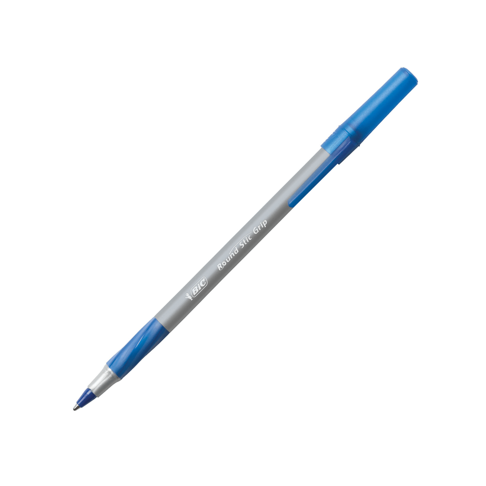 BIC Round Stic Grip Xtra Comfort Ballpoint Pens, Medium Point, 1.2 mm, Gray Barrel, Blue Ink, Pack Of 12 Pens