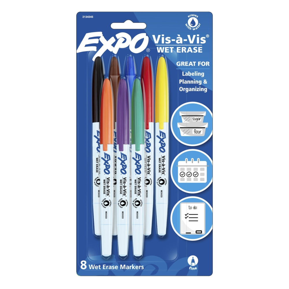 EXPO Vis-A-Vis Wet-Erase Fine-Tip Markers, Assorted Colors, Pack Of 8