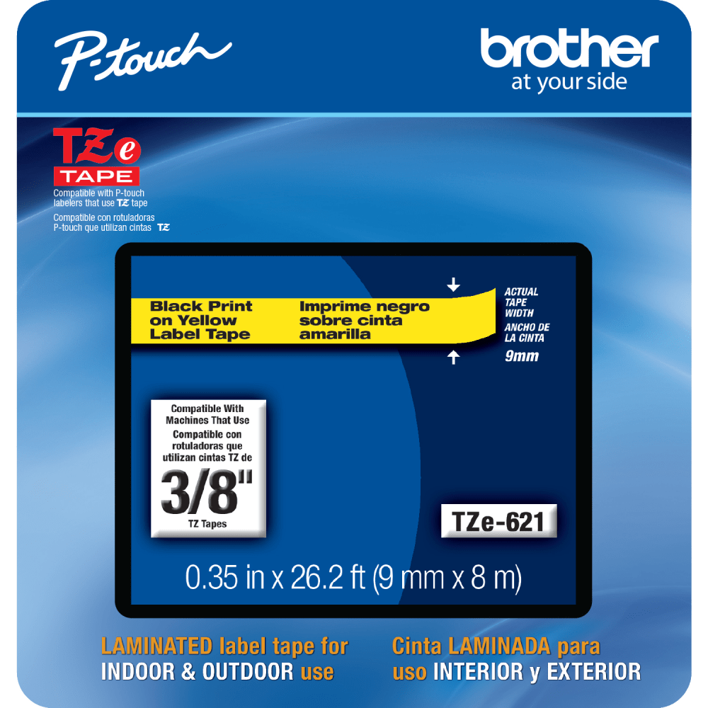 Brother TZE621CS Genuine P-Touch Laminated Label Tape, 3/8in x 26-1/4ft, Yellow/Black