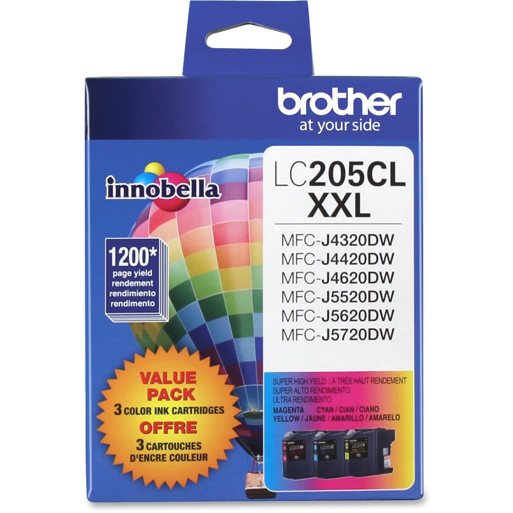 Brother LC205 Cyan; Magenta; Yellow Extra-High-Yield Ink Cartridges, Pack Of 3, LC2053PKS