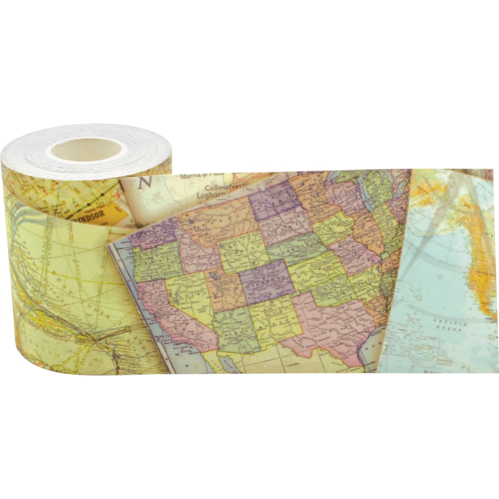 Teacher Created Resources Straight Rolled Border Trim, Travel The Map, 50' Per Roll, Pack Of 3 Rolls