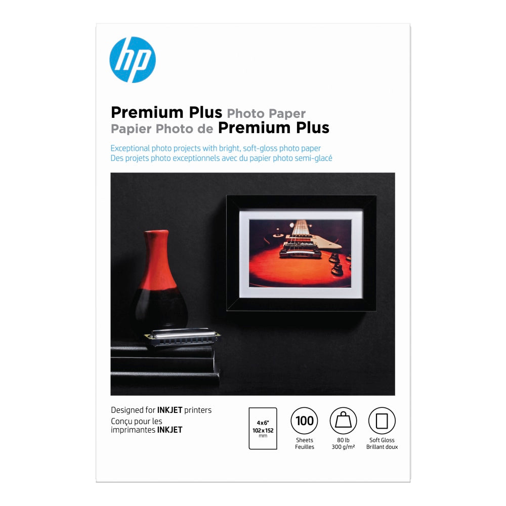 HP Premium Plus Photo Paper for Inkjet Printers, Soft Gloss, 4in x 6in, 80 Lb., Pack Of 100 Sheets (CR666A)