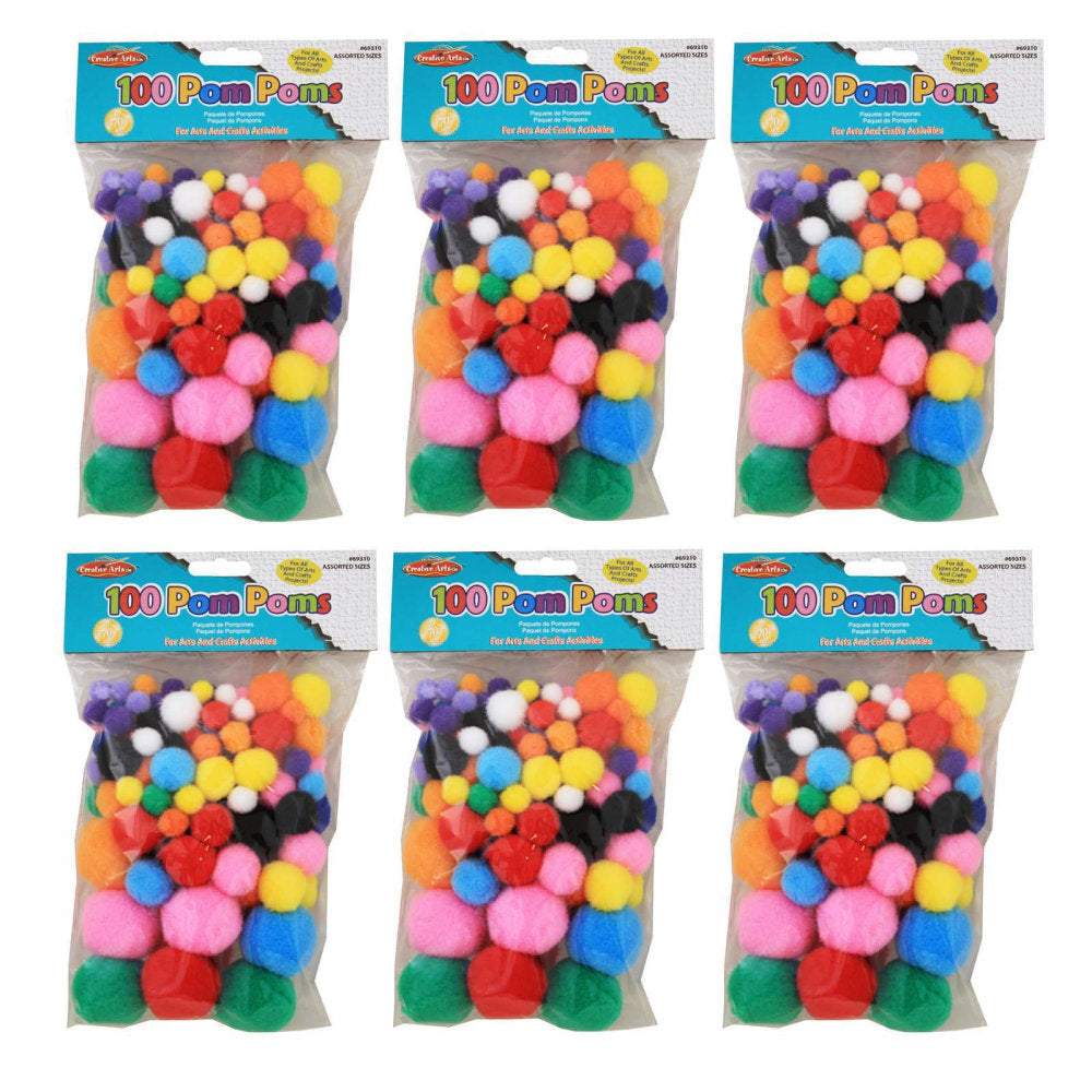 Charles Leonard Pom-Poms, Assorted Colors, 100 Pom-Poms Per Pack, Set Of 6 Packs