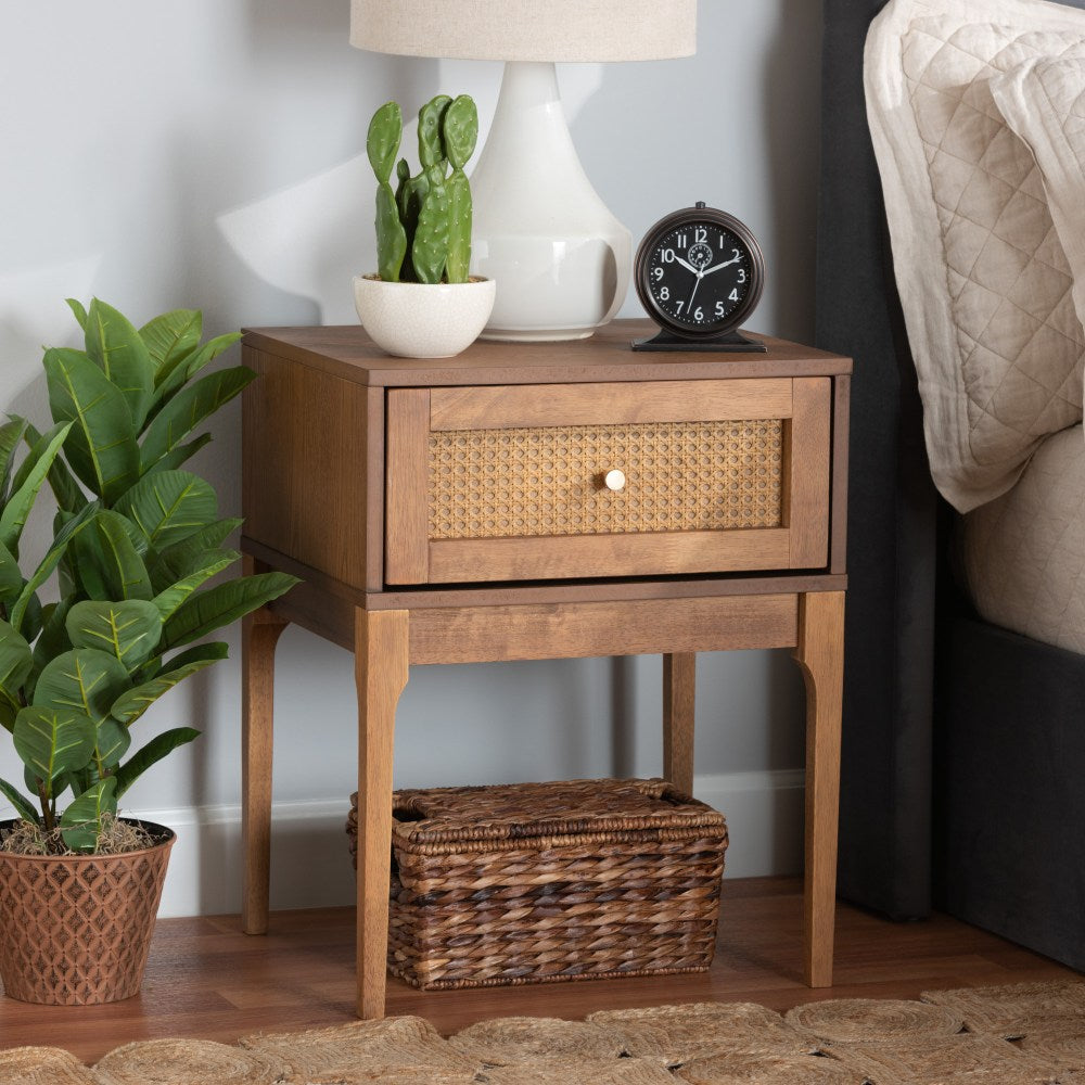 Baxton Studio Ramiel Finished Wood And Rattan 1-Drawer Nightstand, 23-1/2inH x 18-3/4inW x 15-3/4inD, Natural Brown/Gold