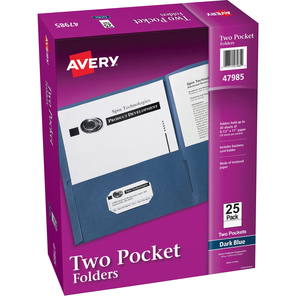 Avery Letter Pocket Folder - 8 1/2in x 11in - 40 Sheet Capacity - 2 Internal Pocket(s) - Embossed Paper - Dark Blue - 125 / Carton