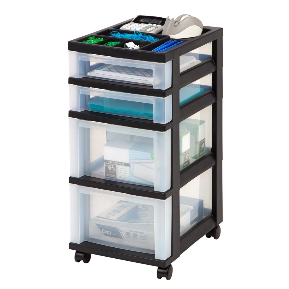 Office Depot Brand Plastic 4-Drawer Storage Cart, 26 7/16in x 12 1/16in x 14 1/4in, Black