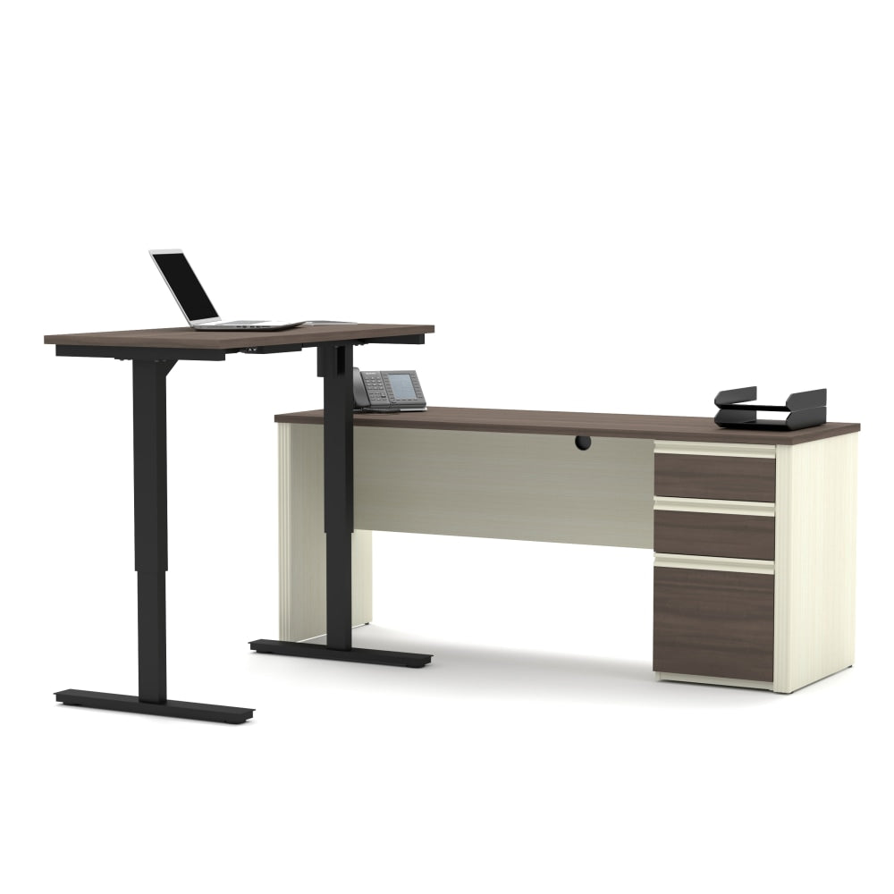 Bestar Prestige + 72inW L-Shaped Standing Corner Desk With Pedestal, White Chocolate/Antigua