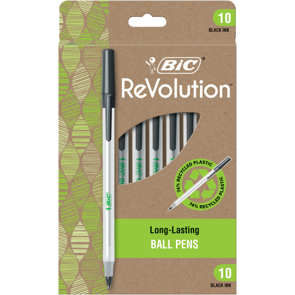 BIC ReVolution Round Stic Pens, Medium Point, 1.0 mm, 74% Recycled, Semi-Clear Barrel, Black Ink, Pack Of 10 Pens