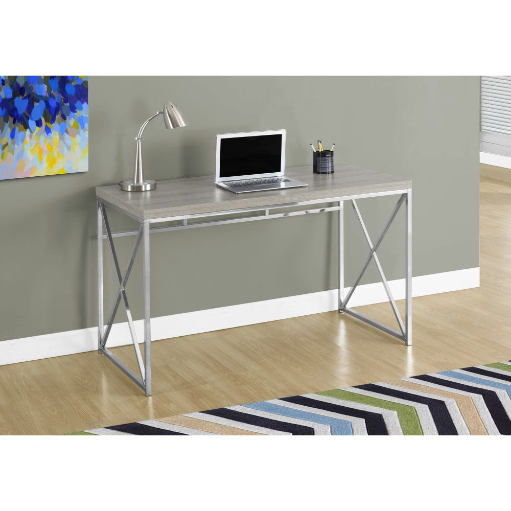 Monarch Specialties Contemporary 48inW Computer Desk With Framed Criss-Cross Legs, Chrome/Dark Taupe