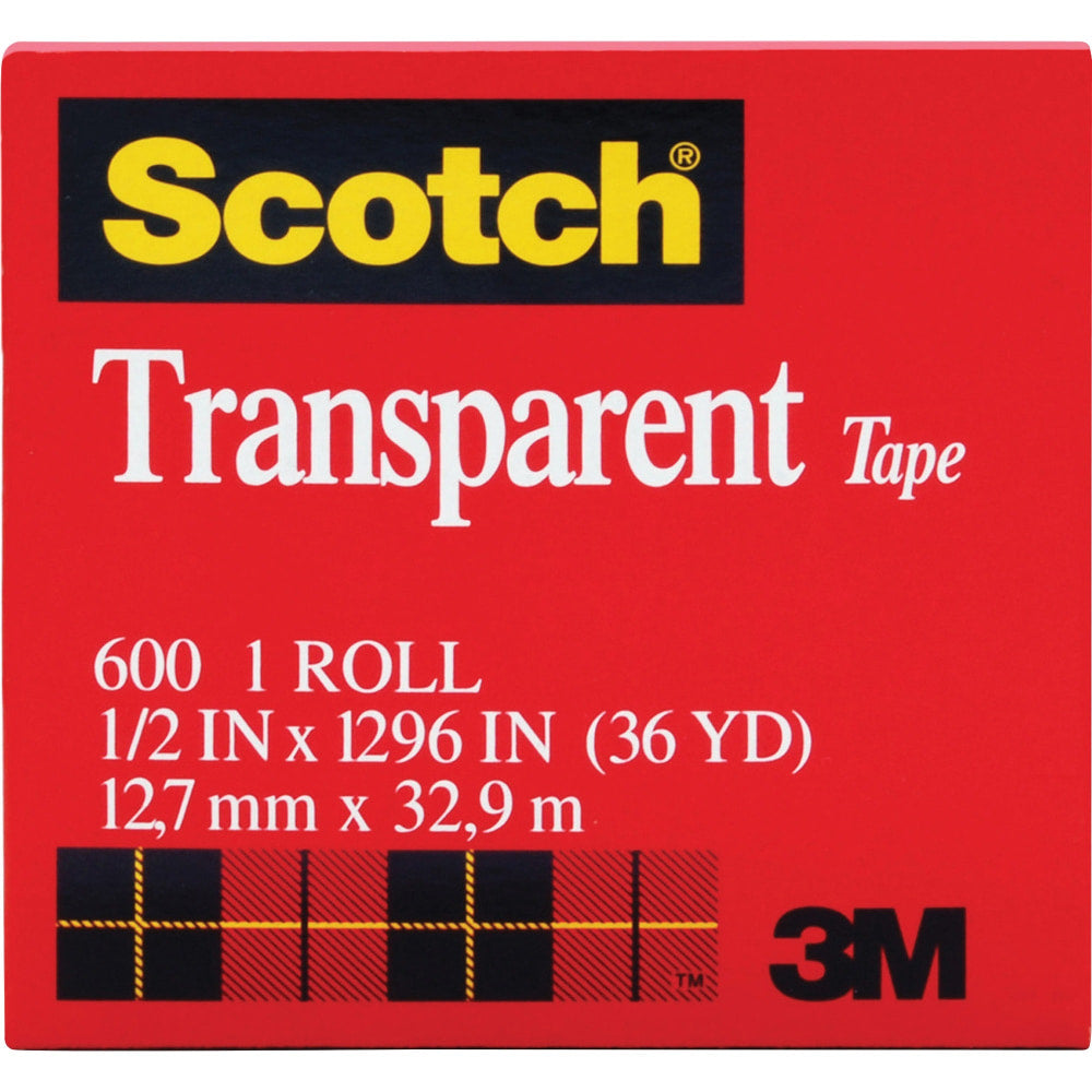 Scotch Transparent Tape - 1/2inW - 36 yd Length x 0.50in Width - 1in Core - Moisture Resistant, Stain Resistant, Long Lasting - For Multipurpose, Mending, Packing, Label Protection, Wrapping - 12 / Pack - Clear