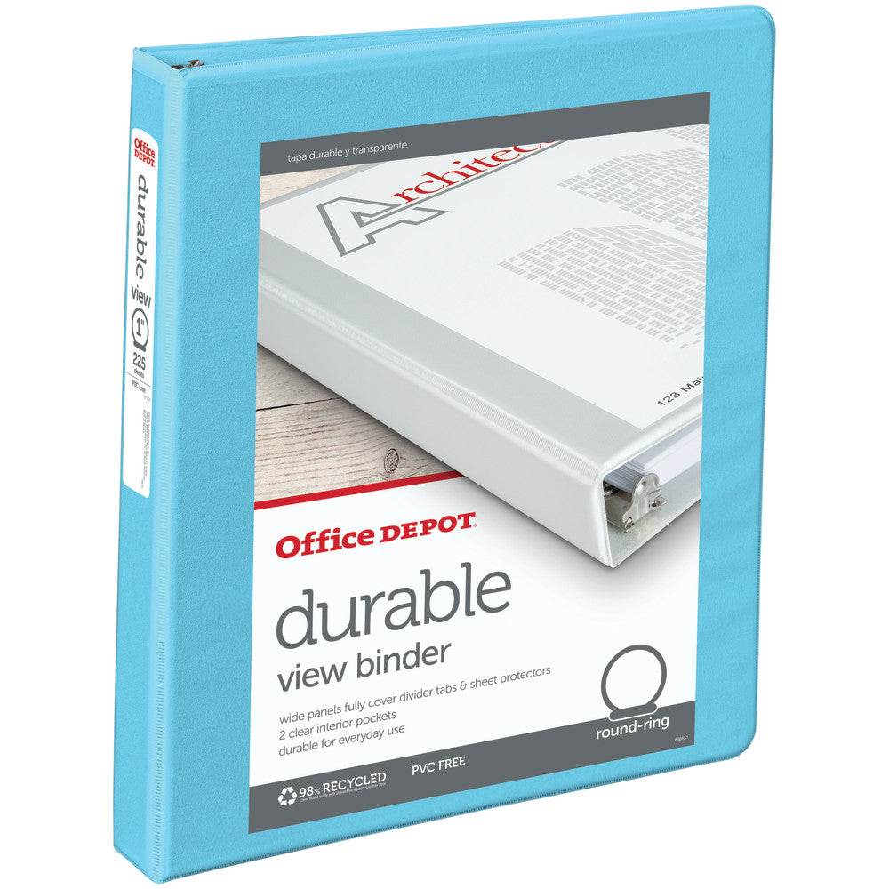 Office Depot Brand 3-Ring Durable View Binder, 1in Round Rings, Jeweler Blue