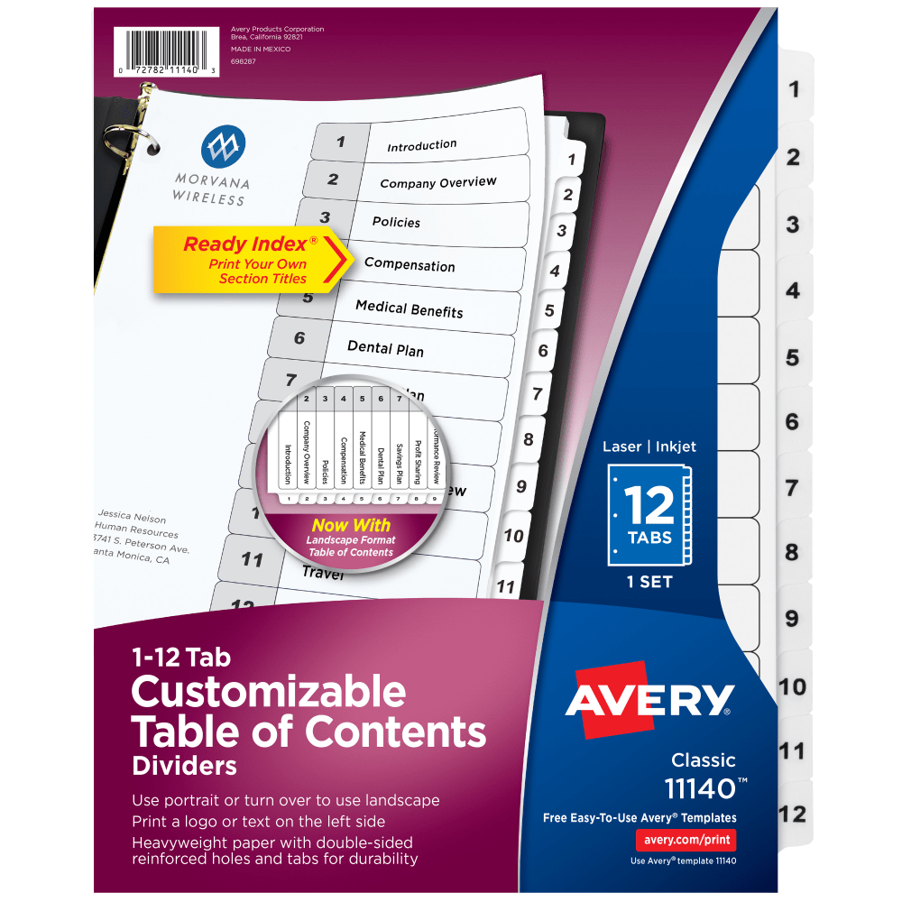 Avery Ready Index 1-12 Tab With Customizable Table Of Contents Dividers, Letter Size, White, 1 Set