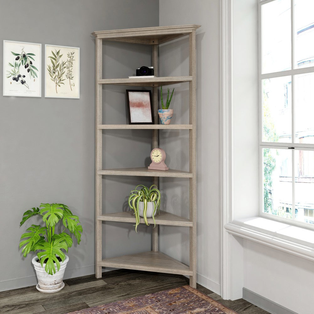 New Ridge Home Goods 75inH 6-Shelf Corner Bookcase, Washed Gray