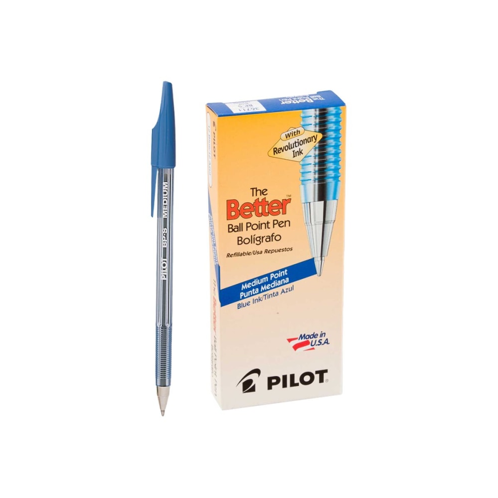 Pilot Better Ballpoint Pens, Medium Point, 1.0 mm, Blue Barrel, Blue Ink, Pack Of 12