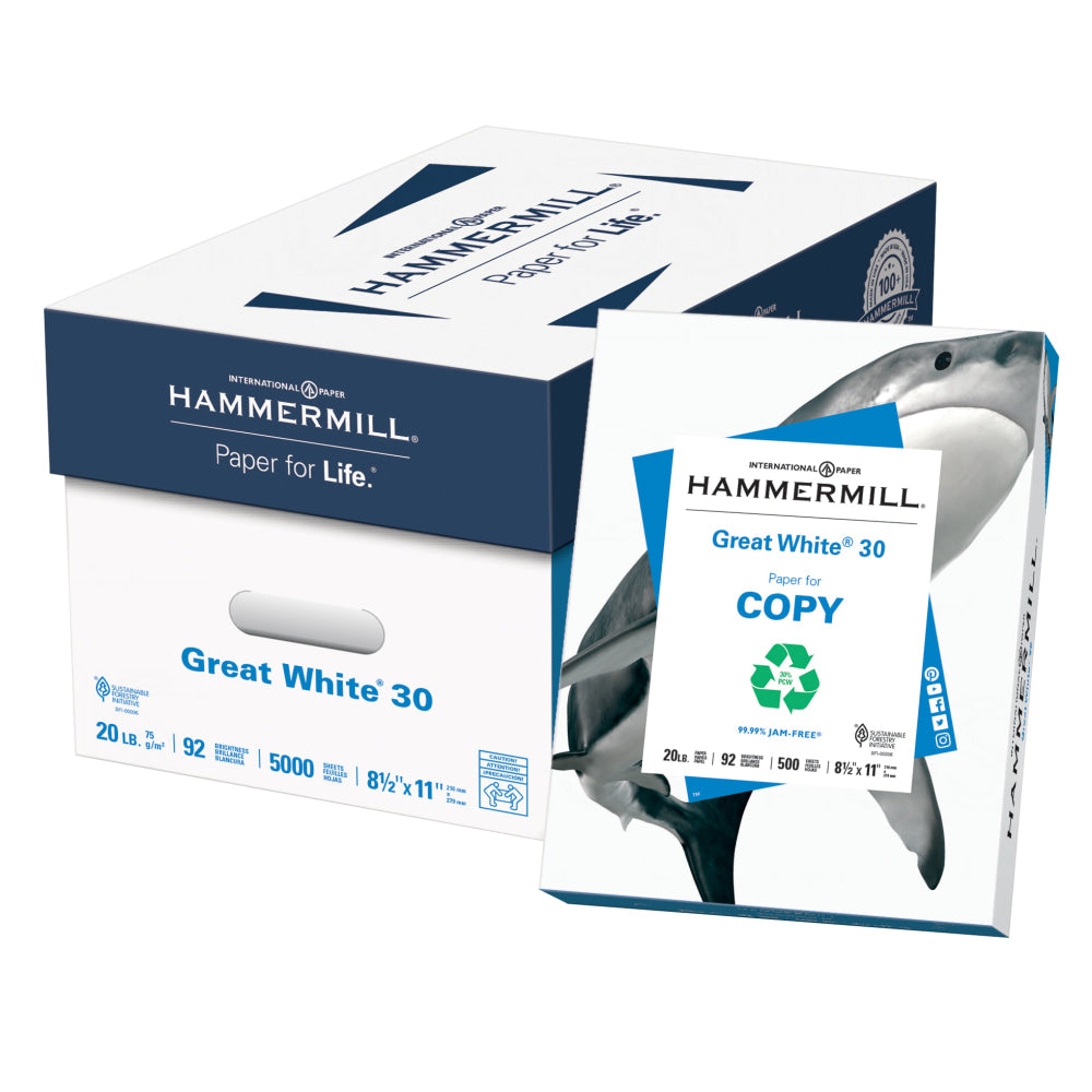 Hammermill Great White Copy Paper, White, Letter (8.5in x 11in), 5000 Sheets Per Case, 20 Lb, 92 Brightness, 30% Recycled, Case Of 10 Reams