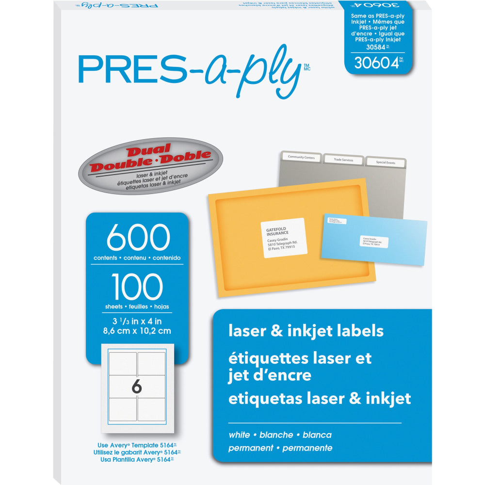 Avery PRES-a-ply Labels for Laser and Inkjet Printers, AVE30604, Rectangle, 3 1/3inW x 4inL, White, Box Of 600