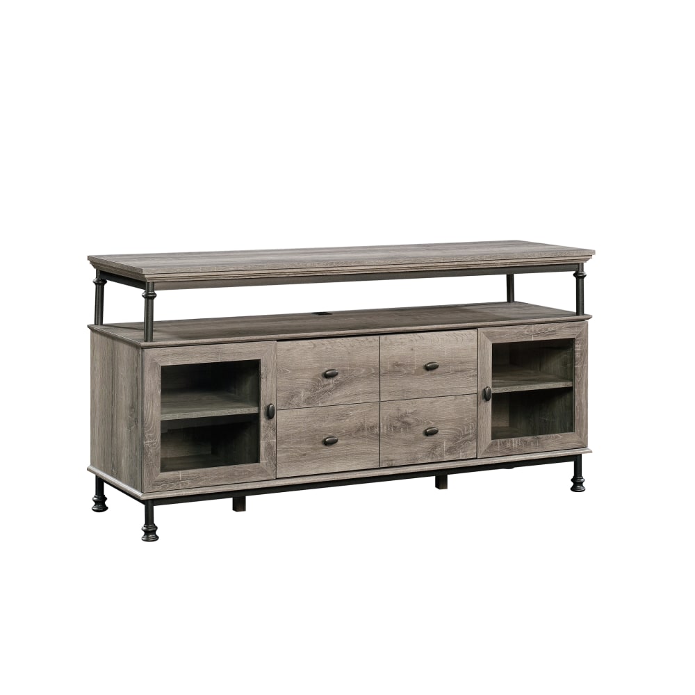 Sauder Canal Street Entertainment Credenza For 60in TVs, 30inH x 60inW x 18inD, Northern Oak/Dark Metal