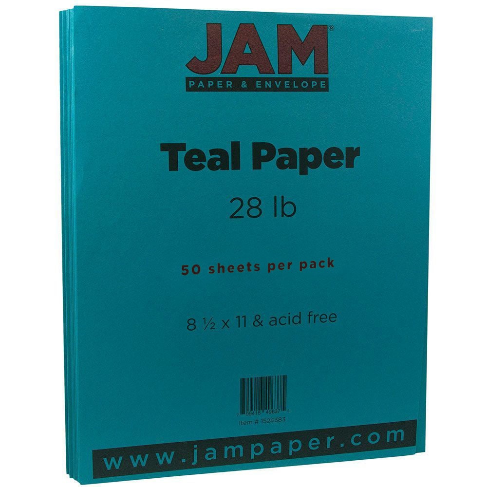 JAM Paper Color Multi-Use Printer & Copy Paper, Teal Blue, Letter (8.5in x 11in), 50 Sheets Per Pack, 28 Lb