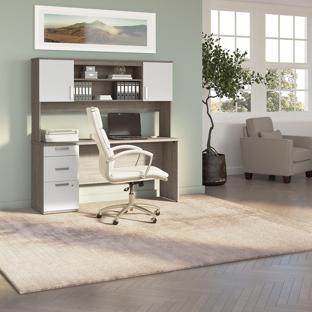 Bestar Ridgeley 65inW Computer Desk With Hutch, Silver Maple/Pure White